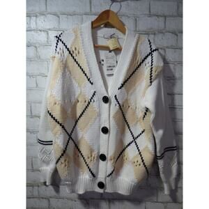 Dorothee Schumacher Wool Cotton Argyle Cardigan Sweater 3 Medium NEW